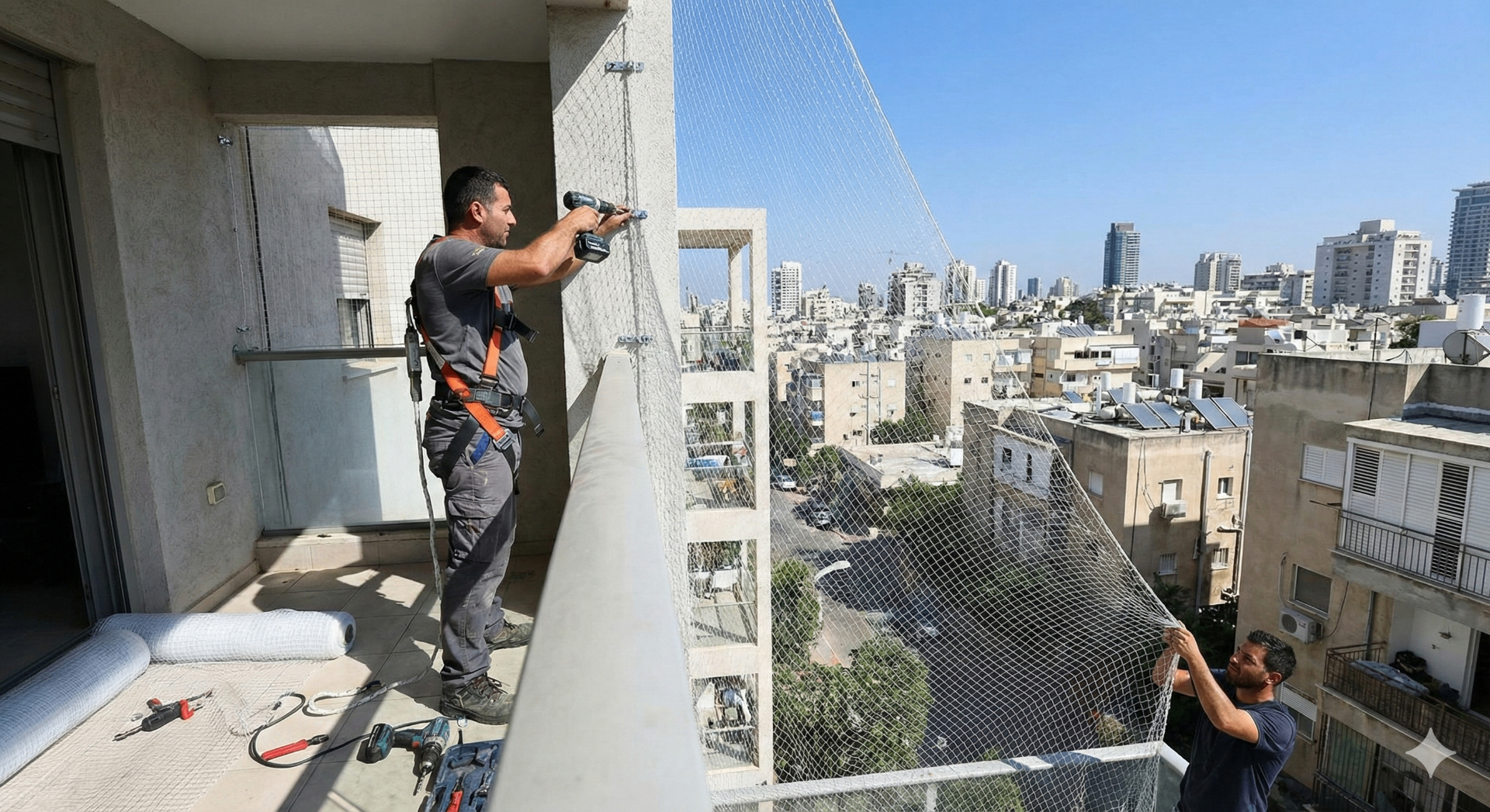 فني يقوم بتركيب شبك طارد الحمام على واجهة مبنى